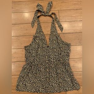 American Eagle Outfitters Black Boho Floral Elastic Back Tie Halter Top XS